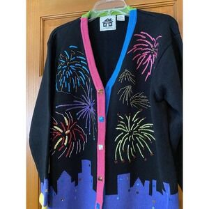 Vtg Women's Storybook Knits City Skyline Fireworks  Cardigan Large Grannycore